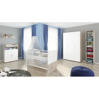 nonjoo. Babyzimmer Set 9: best. aus Babybett, Kommode, Wickelaufsatz, Wandboard, Regal mit 6 Fächern und Kleiderschrank 3-trg.