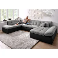 Wohnlandschaft DOMO COLLECTION "Moric U-Form auch in Cord" Sofas Gr. B/H/T: 353cm x 80cm x 95cm, Microfaser PRIMABELLE-Struktur, Recamiere rechts, mit Bettfunktion-mit Armlehnenverstellung, grau (schwarz/weiß-grau) im XXL-Format, wahlweise mit Bettfunktion und Armlehnenverstellung