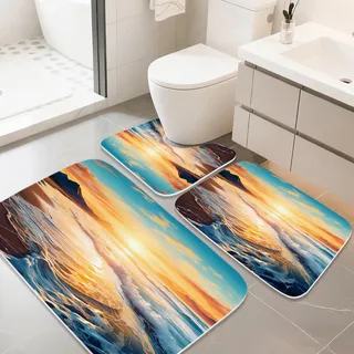 Final Friday Ocean Wave Mountain Sunset Sky Natural Scenery Badezimmer Teppiche und Matten Sets 3-teilig, Memory Foam Badematte, U-förmige Kontur-Duschmatte, rutschfest, Samt-WC-Deckelbezug, waschbar
