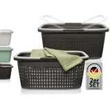 Hausfelder Wäschekorb mit Henkel 35L, Plastikkorb groß aus Kunststoff, Tragekorb für Wäsche mit Griffen stapelbar, Wäschewanne 58x37x25cm schwarz anthrazit (2er Set, 1 Korb + 1 Wanne)