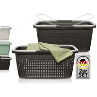 Hausfelder Wäschekorb mit Henkel 35L, Plastikkorb groß aus Kunststoff, Tragekorb für Wäsche mit Griffen stapelbar, Wäschewanne 58x37x25cm schwarz anthrazit (2er Set, 1 Korb + 1 Wanne)