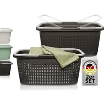 Hausfelder Wäschekorb mit Henkel 35L, Plastikkorb groß aus Kunststoff, Tragekorb für Wäsche mit Griffen stapelbar, Wäschewanne 58x37x25cm schwarz anthrazit (2er Set, 1 Korb + 1 Wanne)