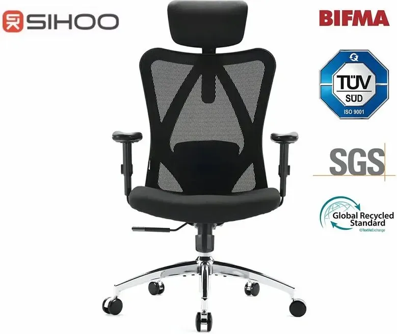 Sihoo M18 ergonomischer Bürostuhl, Schreibtischstuhl mit verstellbarer Kopfstütze und Lordosenstütze, Chefsessel mit hoher Rückenlehne, Drehstuhl fürs Homeoffice (Reines Schwarz)
