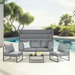 SVITA MAUI Gartenmöbel-Lounge-Set mit Dach Outdoor-Sofa Strandkorb-Sonneninsel Stahl Hellgrau