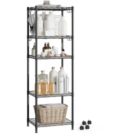 Mondeer Metallregal, 5-Stufiges Küchenregal, mit 8-Haken und 4-Rädern, PP-Trennwand, Höhenverstellbar, Geeignet für Küche Badezimmer Wohnzimmer Balkon, 40 * 30 * 126cm,Schwarz