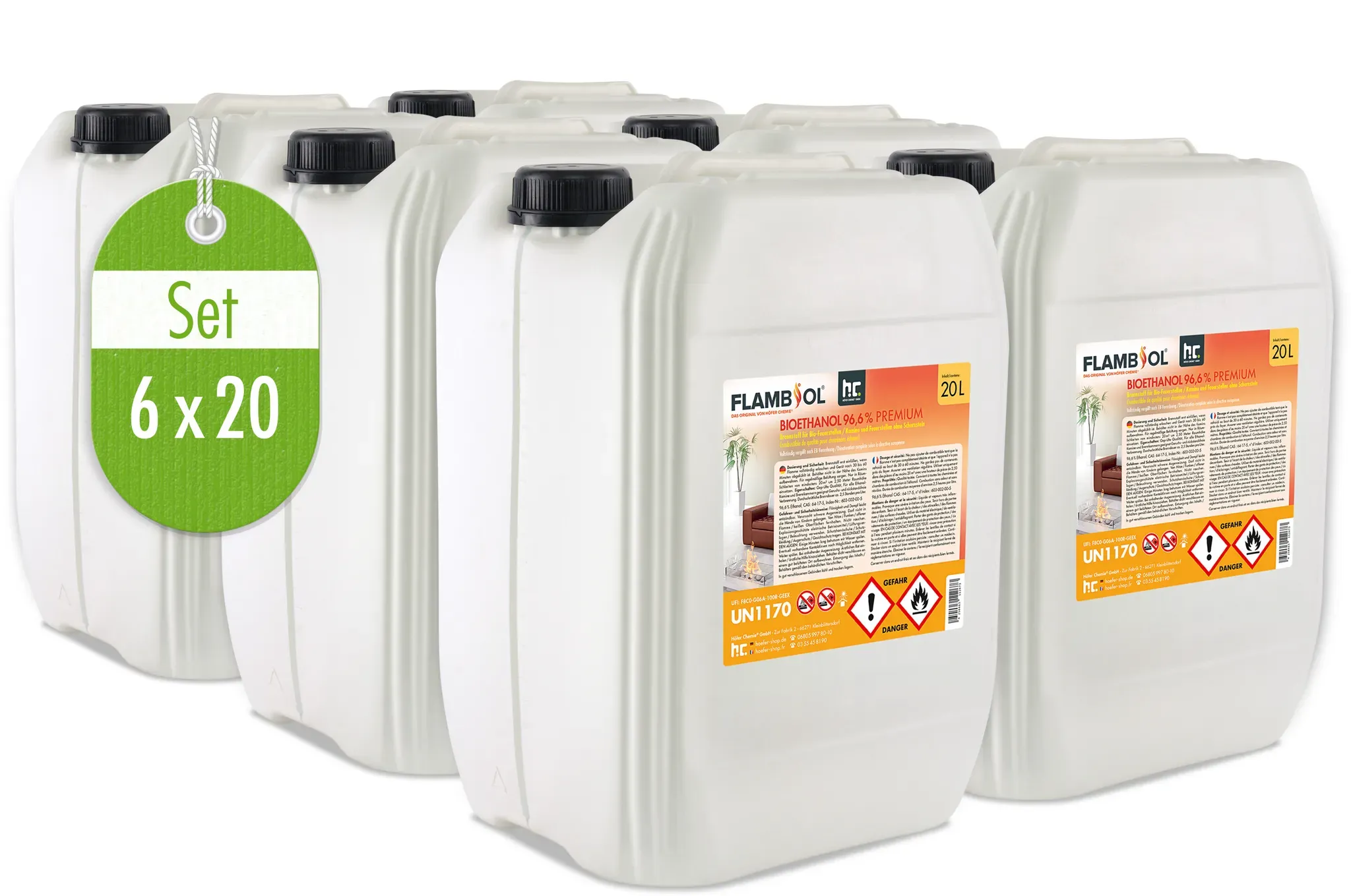 6 x 20 L FLAMBIOL® Bioethanol 96,6% Premium für Ethanolkamin in Kanistern