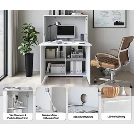 Home Affaire PC-Schrank HOME AFFAIRE "Vera, Sekretär, Home-Office-Schreibtisch mit LED-Beleuchtung", grau (salbei), B:90cm H:125,1cm T:42cm, Sekretäre, Multifunktional mit Stauraum, klappbare Tischfläche, LED, B 90 cm