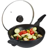 Relaxdays Wokpfanne mit Glasdeckel 30 cm, Wok mit Antihaftbeschichtung für Gas-, Elektroherd, Griff, 4 Liter, schwarz