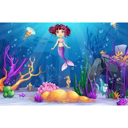Fototapete PAPERMOON "MEERJUNGFRAU-MEER FISCHE KORALLEN RIFF UNTERWASSER DEKO", bunt, B:3,50m L:2,60m, Vlies, Tapeten