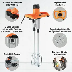 BAUTEC TECHWORK Rührwerk mit 4 Rührstäben » 2.050 Watt » 2-Gang-Getriebe » bis zu 90 Liter Mischgut » Profi-Handrührgerät