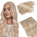 Ugeat Clip in Hair Extensions Echthaar Einzelne Tressen 45cm 120 Gramm Clip Extensions Echthaar Gesträhnt Aschblond mit Bleichblond P18/613 Haarverlängerung Echthaar Tressen Clip
