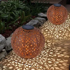 Expo Börse Solarleuchte für Außen Kugel Solar Gartendeko Solarlampe rost Erdspieß, Blumen Dekorstanzungen, Metall, LED warmweiß, d 20 cm, 2er Set