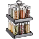Relaxdays Gewürzkarussell, 16 Gewürzgläser mit Streueinsatz, Gewürzregal drehbar, HBT 27x16,5x16,5cm, schwarz/silber