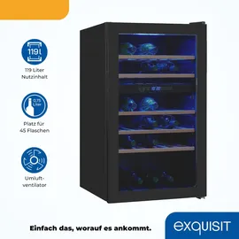 Exquisit Weinkühlschrank 2 Zonen, Platz für 45 Flaschen, 119 Liter, Umluftventilator, 5 Holzablagen, Digitale Temperaturanzeige, WS2-45-GTE-160G schwarz
