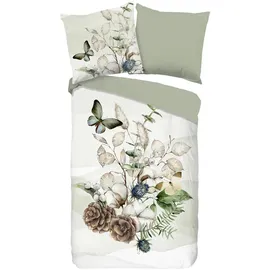 Muller Textil Wendebettwäsche Marjan Blumen Grün 155 x 220 cm + 80 x 80 cm
