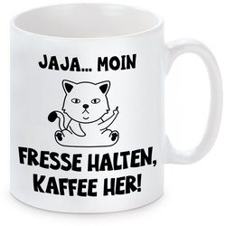 Herzbotschaft Tasse Kaffeebecher mit Motiv JAJA…MOIN – FRESSE HALTEN, KAFFEE HER!, Keramik, Kaffeetasse spülmaschinenfest und mikrowellengeeignet
