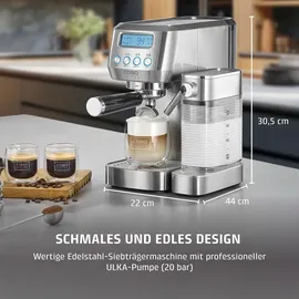 CASO Design Espresso Gourmet Latte Siebträgermaschine silber mit integriertem Milchbehälter