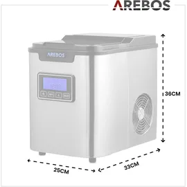 Arebos Eiswürfelmaschine 2,2L Wassertank 3 Eiswürfelgrößen 12 kg 24 h 10 Bis15 Minuten Produktionszeit | | 2,2 L | Eiswürfelbereiter Timer - Silber
