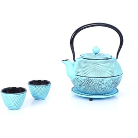 ECHTWERK Teeservice aus Gusseisen, Teekanne 1,1 L mit abnehmbarem Sieb, Teebereiter mit Untersetzer, Teekannen-Set Blau,
