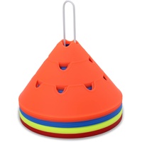 SPORTIKEL24 Maxi-Muldenhauben – 20 Stück – 4 Farben – Jumbo-Hütchen – zum Aufbau von Slalom- & Hürden-Parcours – Trainingshilfe für Fußball, Leichtathletik & Hundesport – mit Tragehalter aus Metall