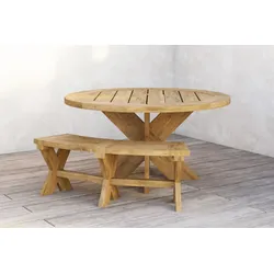 OUTFLEXX Quantum Garten-Essgruppe, natur Teak, Tisch √ò150 cm, 1 Bank 175x30 cm, Langlebig