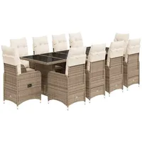 vidaXL 11-tlg. Garten-Bistro-Set mit Kissen Beige Poly Rattan