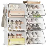 eSituro Schuhboxen, 12er Set, Schuhorganizer Schuhkarton stapelbar, Schuhregal Kunststoff, mit Haken, Tür, Schuhaufbewahrung platzsparend, Weiß