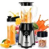 Kitcanis 3-in-1 Mixer Smoothie Maker, 800W Mini Standmixer Blender elektrisch, 3 einstellbare Geschwindigkeiten, 2 x 600 ml Tragbare Flasche und 300 ml Mahlbecher für Ice, Obst, Gemüse, Nüsse