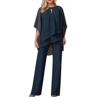 Damen Hosenanzüge Elegant Hochzeit Gäste Hosenanzug 2-teiliges Chiffon Formelles Outfit Übergröße Abschlussball Abend Zweiteiliger Hosenanzug Mutter der Braut Hosenanzug, #03 Navy, M - M