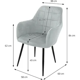 ECD Germany 2er Set Grau | Samtbezug, Armlehnen, Metallbeine, ergonomische Esszimmer- & Küchenstühle