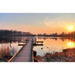 Fototapete PAPERMOON "HOLZ-BRÜCKE-PIER STEG SEE STRAND WALD SONNENUNTERGANG", bunt, B:2,50m L:1,86m, Vlies, Tapeten