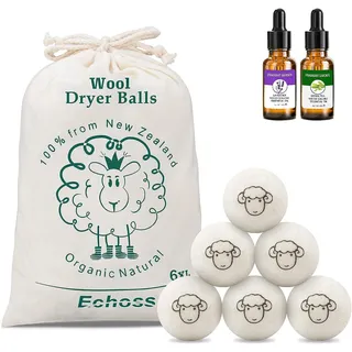 Trocknerbälle für Wäschetrockner, Natürliche Weichspülern aus 100% neuseeländischer Premium Schafwolle Reduzieren Trocknungszyklus und Falten Reduzieren,6er Pack mit 2 ätherischen Ölen