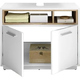 Stella Trading Waschbeckenunterschrank in Wildeiche Optik, Weiß Hochglanz - Bad Unterschrank Badezimmerschrank mit viel Stauraum - 80 x 64 x 40 cm (B/H/T)