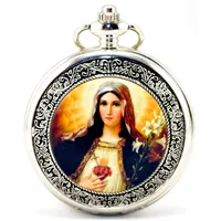 Unendlich U Retro Blessed Virgin Mary Silver Hohle Skeleton Mechanische Taschenuhr mit Pendant-Kette für Damen/Herren
