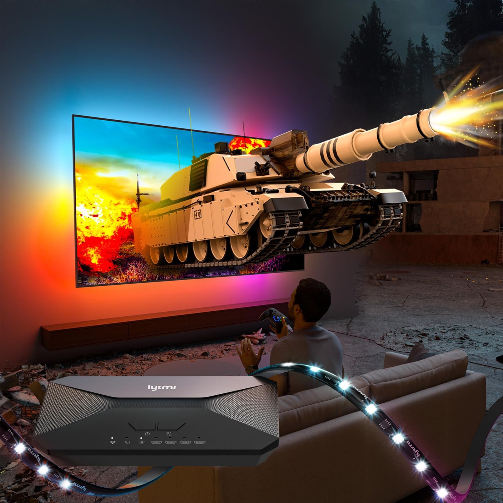Lytmi Fantasy 3 TV LED Hintergrundbeleuchtung HDMI 2.1 mit Sync Box & Lichtstreifen, Fancy Beleuchtung Strip für 65~70 Zoll 8K 60Hz Fernseher,4 Eingänge 1 Ausgang, Arbeiten mit Alexa
