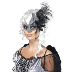 Silbrig-Schwarze Augenmaske Mit Federschmuck - OS