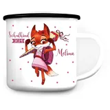 Wandtattoo Loft Kindertasse mit Namen und Fuchs mit Schultüte Motiv, Emaille Tasse Kinder mit Namen, Camping Tasse Kinder, Kindertasse personalisiert, Schulkind Tasse mit Namen, Mädchen Einschulung