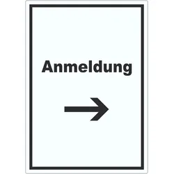 Anmeldung Aufkleber mit Text und Richtungspfeil rechts Aufnahme hochkant A2 (420x594mm)