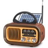 PRUNUS J-150 AM/FM/SW Retro Radio Klein, Vintage Radio Betrieben mit 1200mAh Akku oder D-Zellen Batterien, Mit Solarpanel, Kofferradio mit Bluetooth Unterstützt USB/TF-Karte Funktion (Gold)