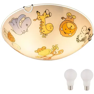 GLOBO Kinderzimmer Lampen Decke Mädchen Jungen mit LED - Deckenleuchte E27 - Deckenlampe 2 Flammig Weiß Bunt - Kinderzimmerlampe Kinder Tiere - Babyzimmer Lampe Zoo - Rund 30 cm