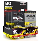 80 Hörgerätebatterien Größe 10 PR70 (Gelb) Zink-Luft Hearing Evolution mit Phono-Pulse-Technologie - 80 Batterien: 40 Udivita + 40 Rayovac