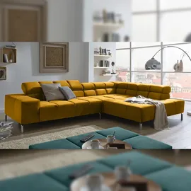 KAWOLA Ecksofa Nelson Velvet Recamiere rechts mit motorischem Sitzvorzug curry