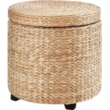 Homcom Sitzhocker mit Stauraum Fußhocker mit Aufbewahrungsbox, abnehmbarer Deckel, Stroh Rattan, Khaki, Ø43x43cm Aosom