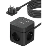 6 in 1 Steckdosenwürfel mit USB C, 3 Fach Cube Steckdose Steckerleiste Flachstecker mit Einzeln Schaltbar, Mehrfachstecker Würfel mit 4M Kabel für Büro Hause Reisen (Schwarz)