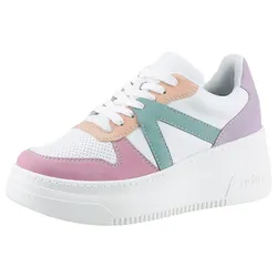 Plateausneaker RIEKER, Damen, Gr. 36, weiß (weiß pastellfarben), Lederimitat, Nubuklederimitat, sportlich, Schuhe, mit pastellfarbenen Kontrasten, Freizeitschuh, Halbschuh, Schnürschuh
