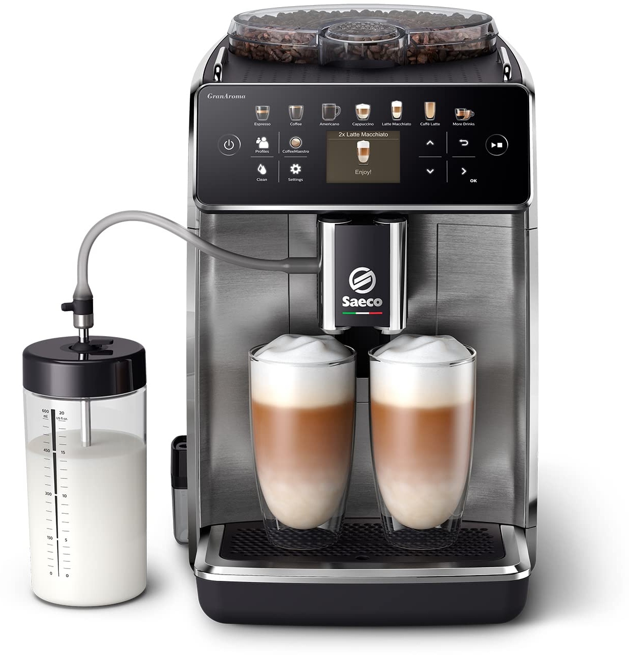 Saeco GranAroma Kaffeevollautomat – 16 Kaffeespezialitäten, Intuitives Farbdisplay, 6 Benutzerprofile, Keramikmahlwerk‎,1.2 Liter,38.3 x 26.2 x 44.8 cm (SM6585/00)