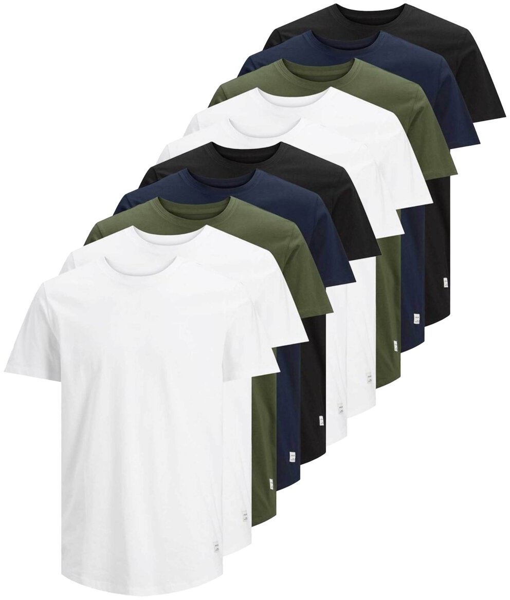 JACK&JONES Herren T-Shirt, 10er Pack - JJENOA, kurzarm, Rundhals, Baumwolle, einfarbig Weiß/Grün/Blau/Schwarz XL