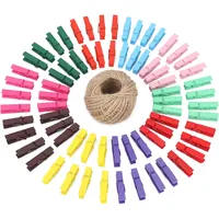 jijAcraft 100 Stück Mini Farbig Holz Wäscheklammern, Holzklammern klein für Fotopapier Stöpsel mit 30 m Jute-Schnur(10 Farben)