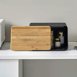 Yamazaki Home Brotkasten schwarz Brotkorb Brotbox Brotbehälter mit Bambus Schneidebrett