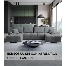 bromarkt Ecksofa NUBES Schlaffunktion Bettkasten U-Form 372x184x85cm Grau - Grau